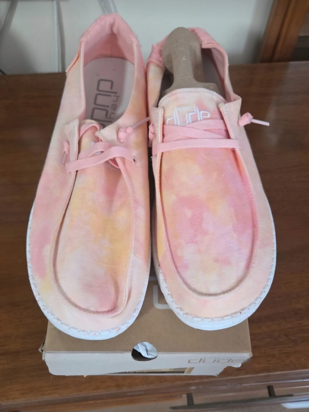 Hey Dude Pink and Peach Tie-Dye Slip-On Moccasins